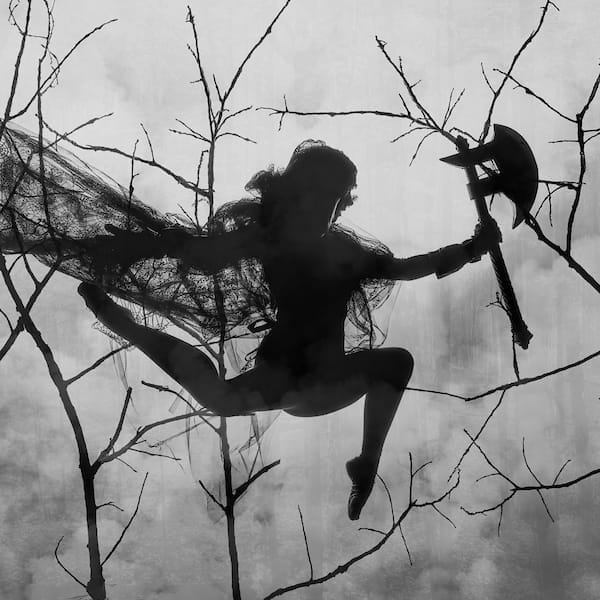 Silhouette of a person swinging an axe amidst bare branches.